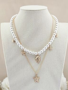 Lovers + Friends Flynn Necklace Gold Multi Faux Pearl Chain Charms Shell Boho
